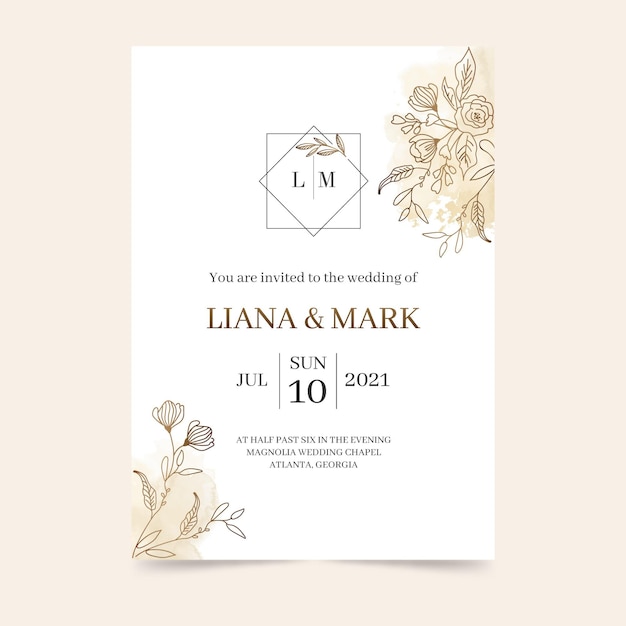 Free vector hand drawn golden wedding invitation template