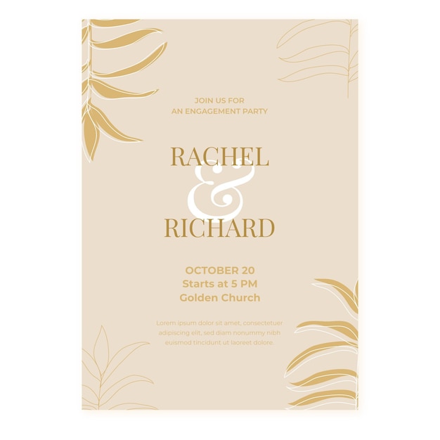 Hand drawn golden wedding invitation template