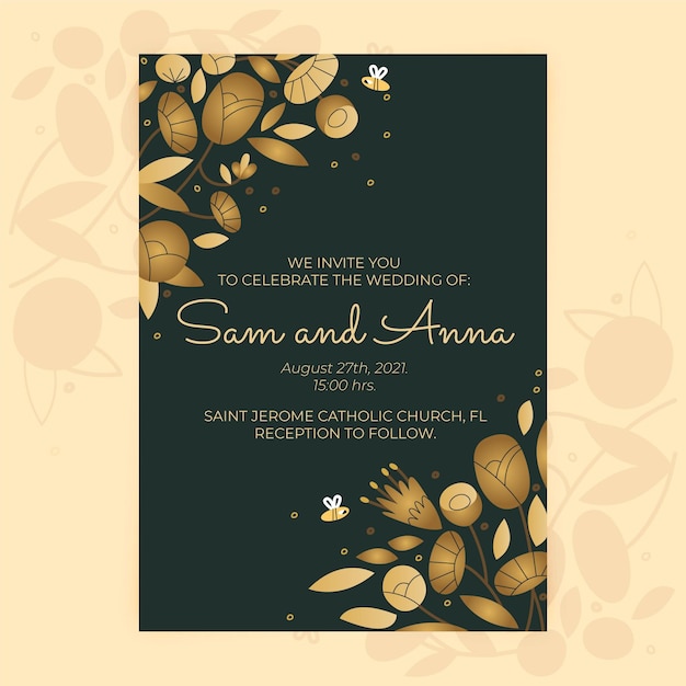 Free vector hand drawn golden wedding invitation template