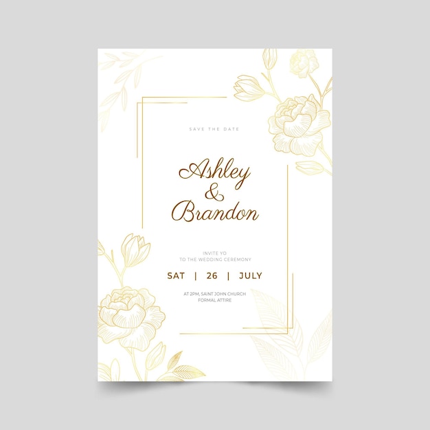 Free vector hand drawn golden wedding invitation template