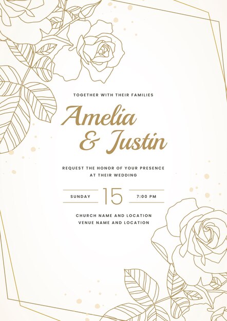 Hand drawn golden wedding invitation template