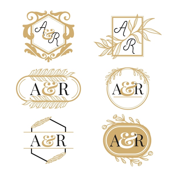 Бесплатное векторное изображение Набор рисованной золотой свадебной монограммы с логотипом