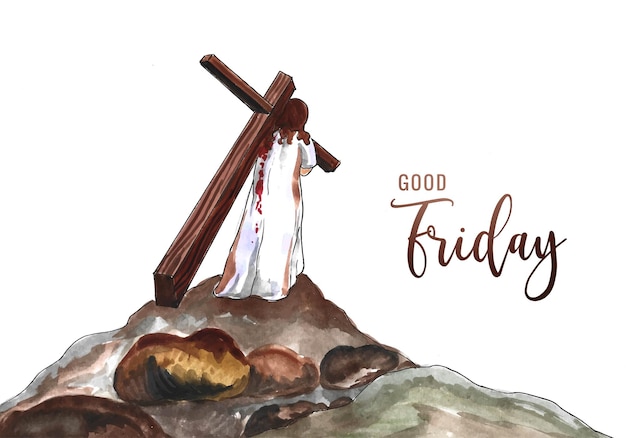 無料ベクター 十字の水彩画の背景を運ぶイエスと手描きの聖金曜日の祝福