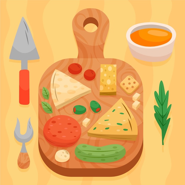 Free vector hand drawn gourmet snack cheeseboard on cutting board