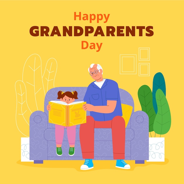 手描きの祖父と子供の読書イラスト