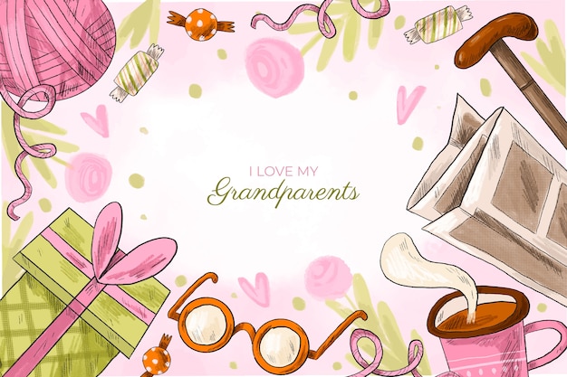 Hand drawn grandparents day background with glasses and gift