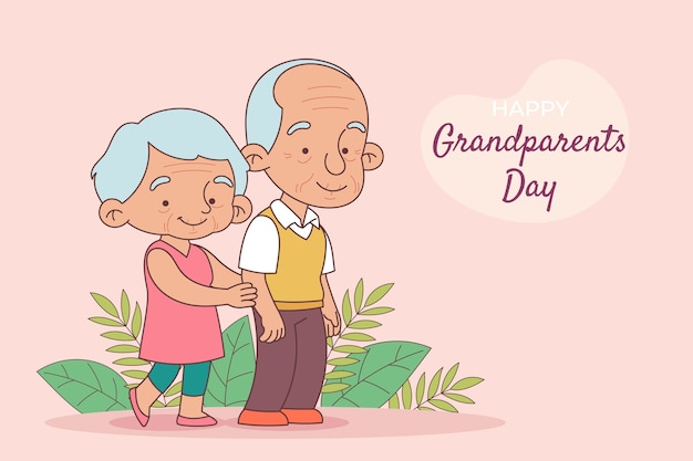 Vettore gratuito fondo disegnato a mano del giorno dei nonni con le coppie più anziane