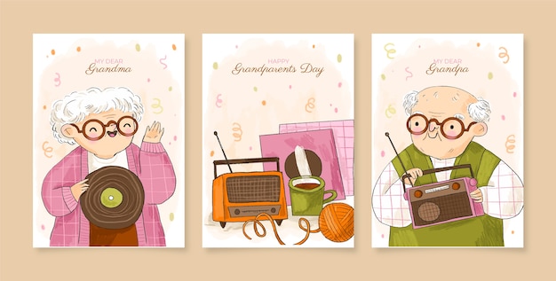 Free vector hand drawn grandparents day greeting cards set with grandmother