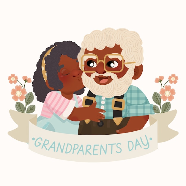 無料ベクター 孫が祖父にキスする手描きの祖父母の日のイラスト