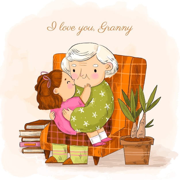 무료 벡터 할머니와 손자와 손으로 그린 조부모의 날 그림