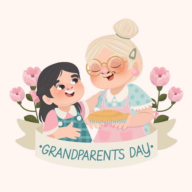 おばあちゃんと孫と手描きの祖父母の日のイラスト