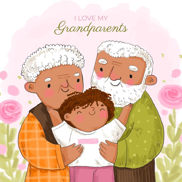 노부부와 손자와 함께 손으로 그린 조부모의 날 그림