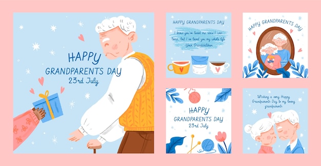 Free vector hand drawn grandparents day instagram posts collection