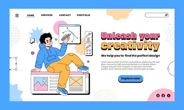 無料ベクター 手描きのグラフィックデザイナーのランディングページ