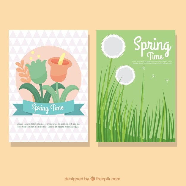 무료 벡터 손으로 그린 잔디와 꽃 봄 카드