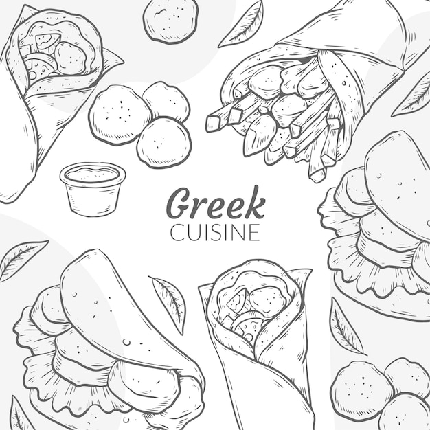 Vettore gratuito illustrazione della cucina greca disegnata a mano