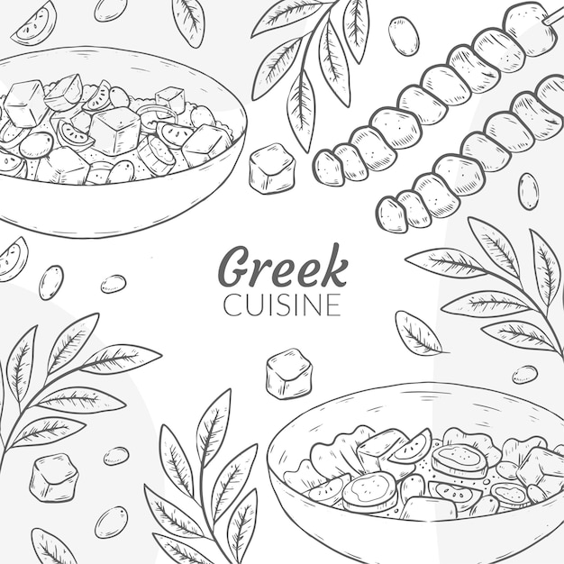 Vettore gratuito illustrazione della cucina greca disegnata a mano