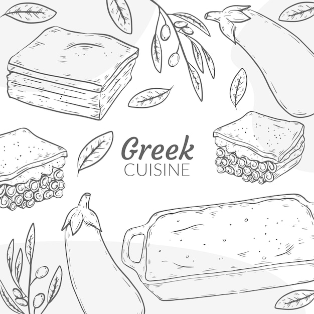 Нарисованная рукой иллюстрация греческой кухни