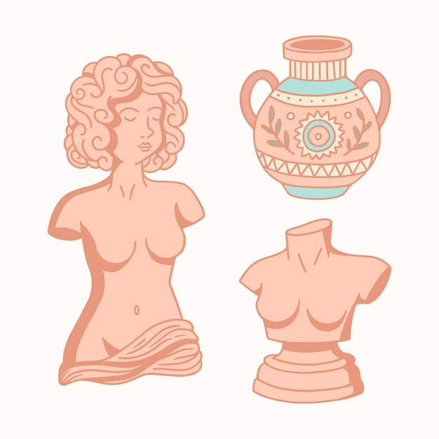 Collezione di statue greche disegnate a mano