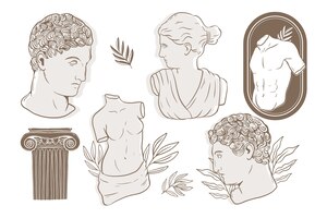 Vettore gratuito collezione di statue greche disegnate a mano