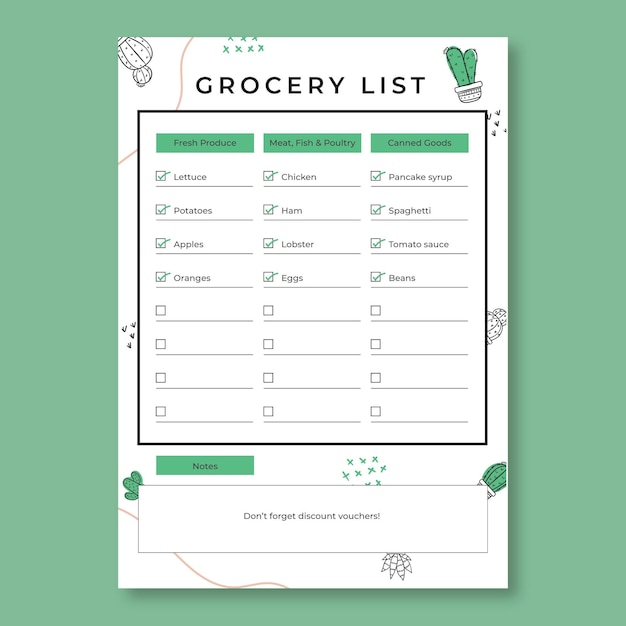 Hand-drawn green details plants grocery list