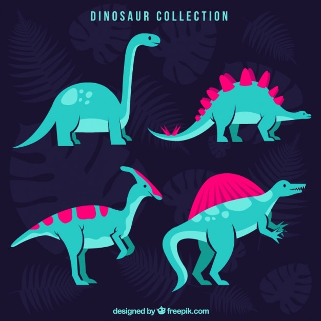 Hand drawn green dinosaurs with pink details