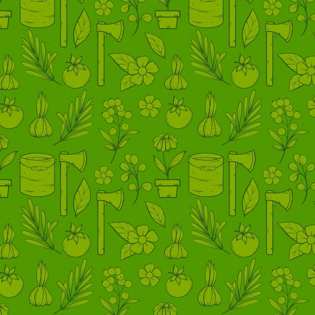 Hand drawn green leaves gardening pattern