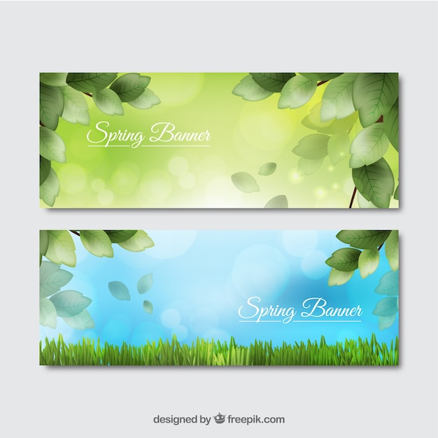 Free vector hand drawn green leaves spring banners