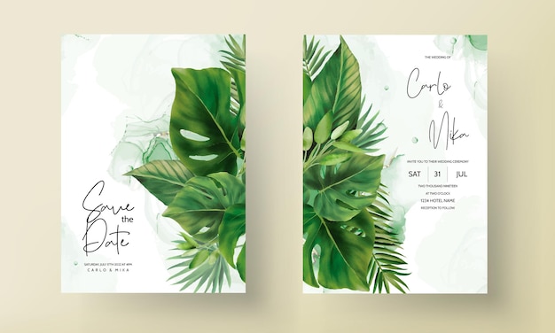 Hand drawn green leaves wedding invitation template