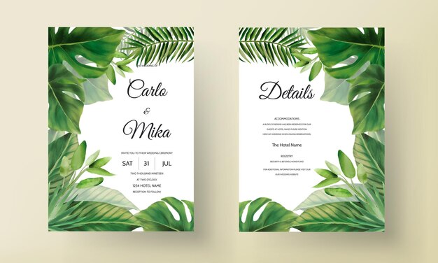 Hand drawn green leaves wedding invitation template