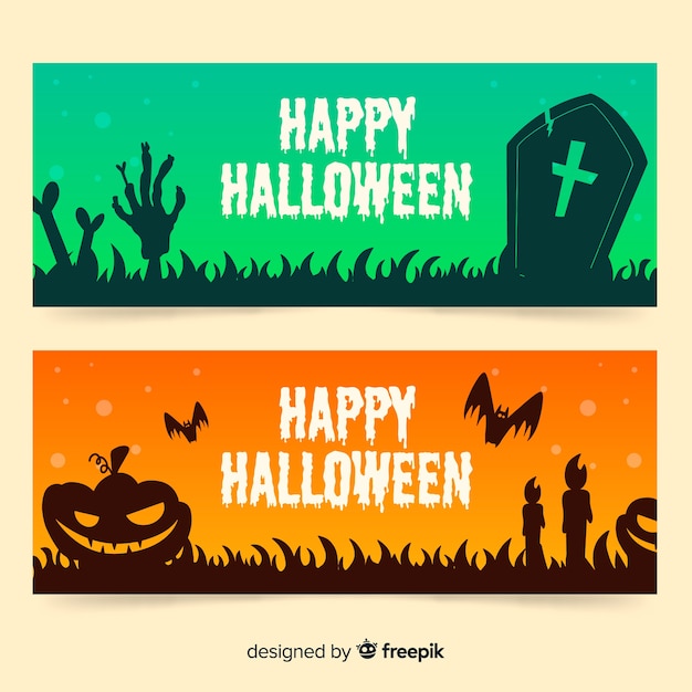 Hand drawn green and orange halloween banners