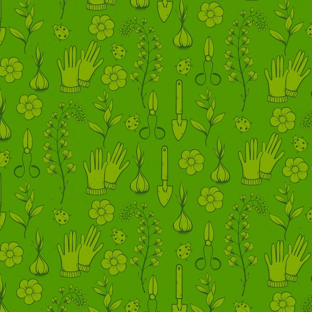 Hand drawn green plants gardening pattern