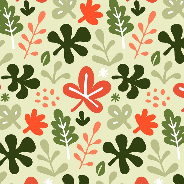 Hand drawn green and red leaves pattern