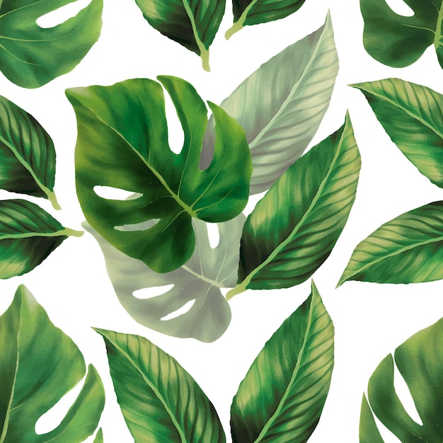 Ручной обращается зеленые акварельные листья бесшовные модели дизайна