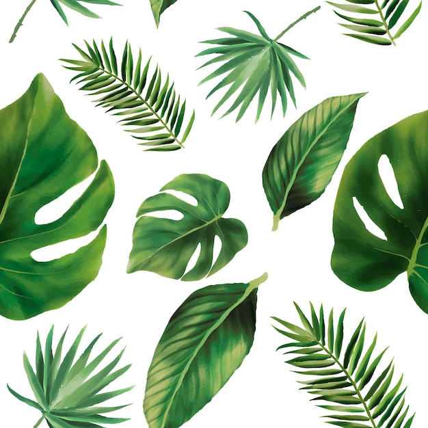 무료 벡터 손으로 그린 녹색 수채화 잎 원활한 패턴 디자인