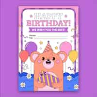 Free vector hand drawn greeting card template for birthday with bear and balloons
