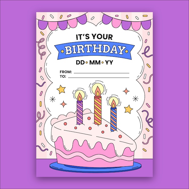 무료 벡터 케이크와 촛불 생일 손으로 그린 인사말 카드 템플릿