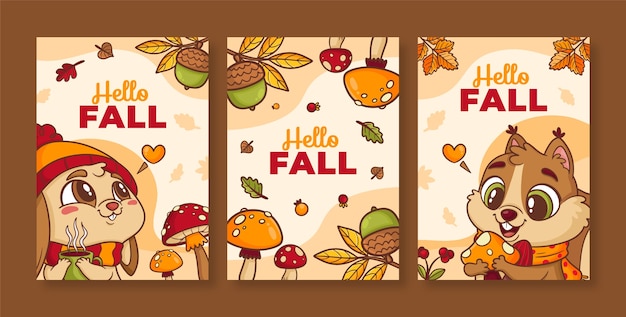 Hand drawn greeting cards collection for fall season celebration