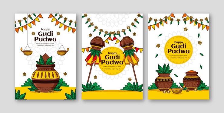Free Vector hand drawn greeting cards collection for gudi padwa festival