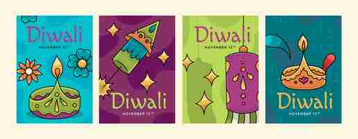 Free vector hand drawn greeting cards collection for hindu diwali festival celebration