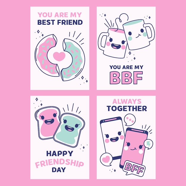 Free vector hand drawn greeting cards collection for international friendship day celebration