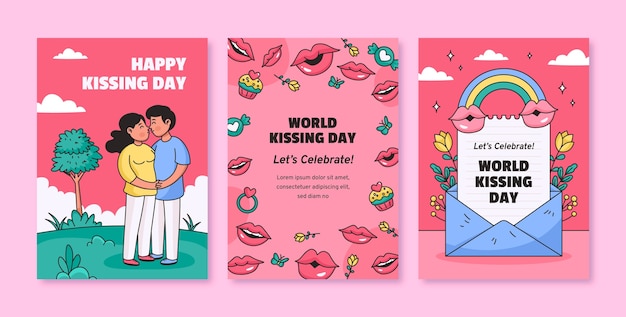 Free vector hand drawn greeting cards collection for international kissing day