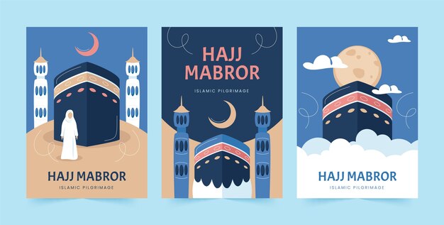 Hand drawn greeting cards collection for islamic hajj pilgrimage