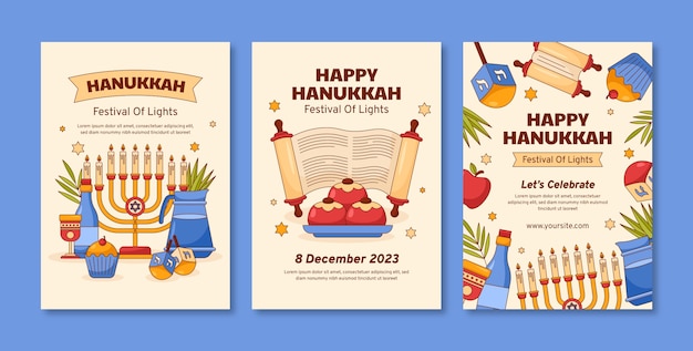 Hand drawn greeting cards collection for jewish hanukkah holiday