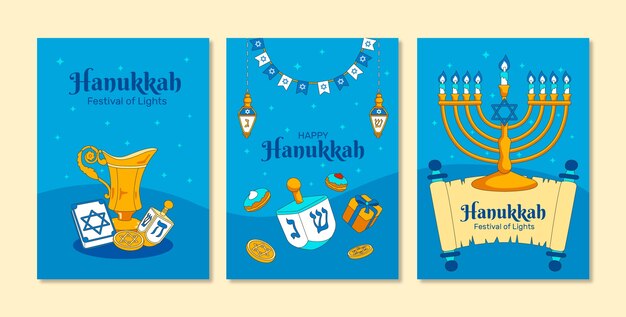 Hand drawn greeting cards collection for jewish hanukkah holiday