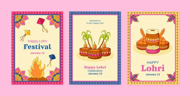 Hand drawn greeting cards collection for lohri festival celebration