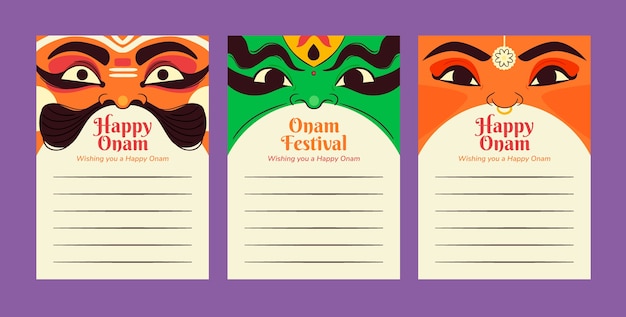 Vettore gratuito collezione di biglietti di auguri disegnati a mano per la celebrazione del festival onam