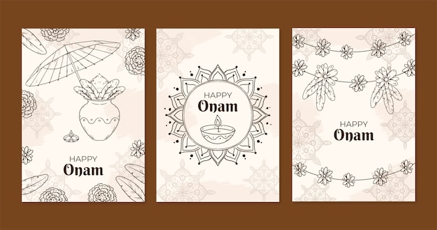 Free vector hand drawn greeting cards collection for onam festival celebration