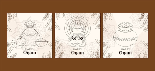 Hand drawn greeting cards collection for onam festival celebration
