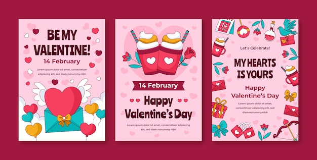 Hand drawn greeting cards collection for valentines day celebration